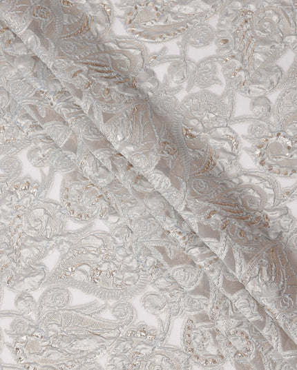 Ice Grey synthetic Brocade Fabric with champagne and silver paisley jacquard, 140 Cms Width, Turkey-D25281