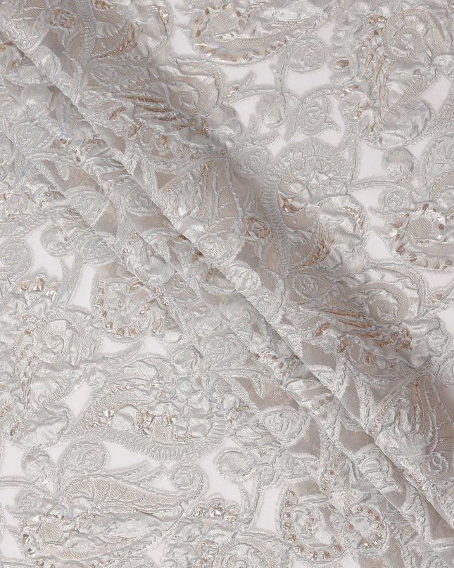 Ice Grey synthetic Brocade Fabric with champagne and silver paisley jacquard, 140 Cms Width, Turkey-D25281