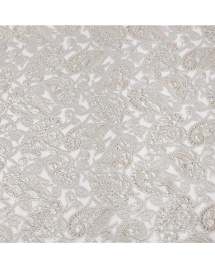 Ice Grey synthetic Brocade Fabric with champagne and silver paisley jacquard, 140 Cms Width, Turkey-D25281