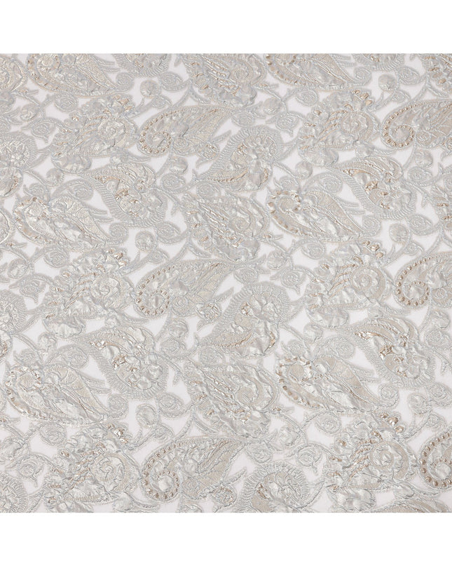 Ice Grey synthetic Brocade Fabric with champagne and silver paisley jacquard, 140 Cms Width, Turkey-D25281
