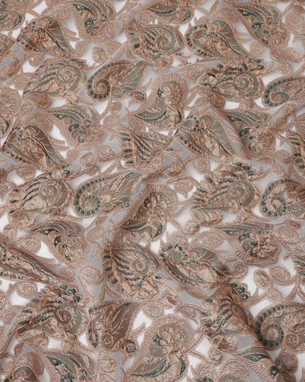 Taupe Grey synthetic Brocade Fabric with teal and bronze paisley jacquard, 140 Cms Width, Turkey-D25277