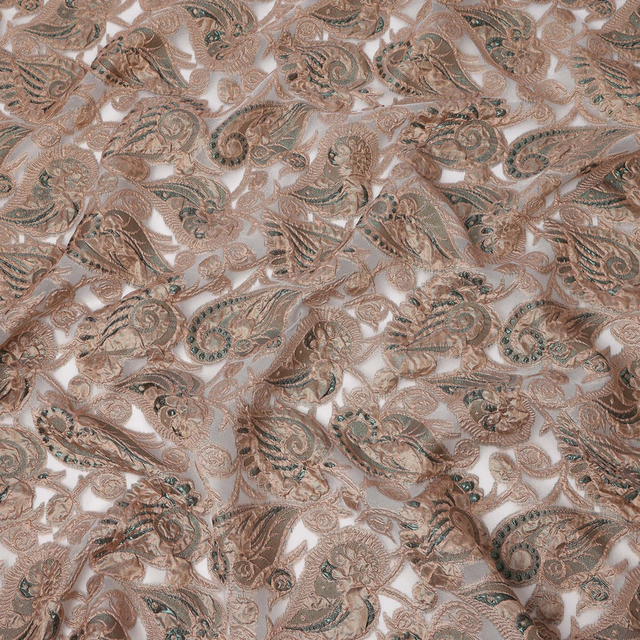 Taupe Grey synthetic Brocade Fabric with teal and bronze paisley jacquard, 140 Cms Width, Turkey-D25277