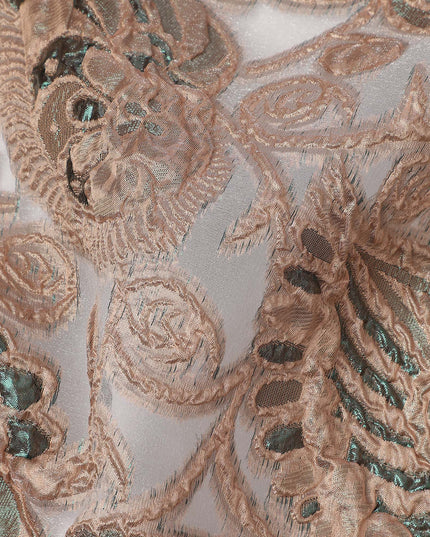Taupe Grey synthetic Brocade Fabric with teal and bronze paisley jacquard, 140 Cms Width, Turkey-D25277