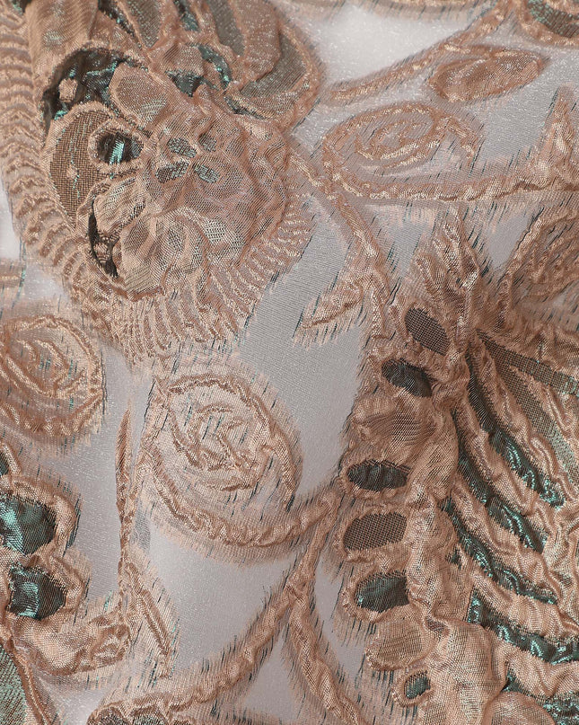 Taupe Grey synthetic Brocade Fabric with teal and bronze paisley jacquard, 140 Cms Width, Turkey-D25277