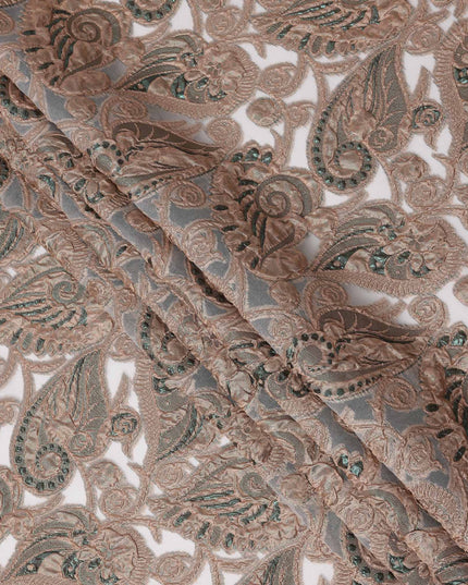 Taupe Grey synthetic Brocade Fabric with teal and bronze paisley jacquard, 140 Cms Width, Turkey-D25277