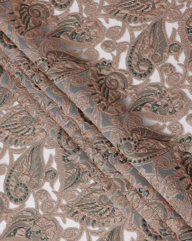 Taupe Grey synthetic Brocade Fabric with teal and bronze paisley jacquard, 140 Cms Width, Turkey-D25277