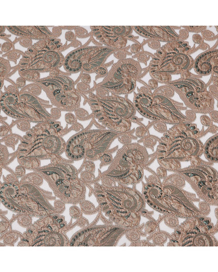 Taupe Grey synthetic Brocade Fabric with teal and bronze paisley jacquard, 140 Cms Width, Turkey-D25277