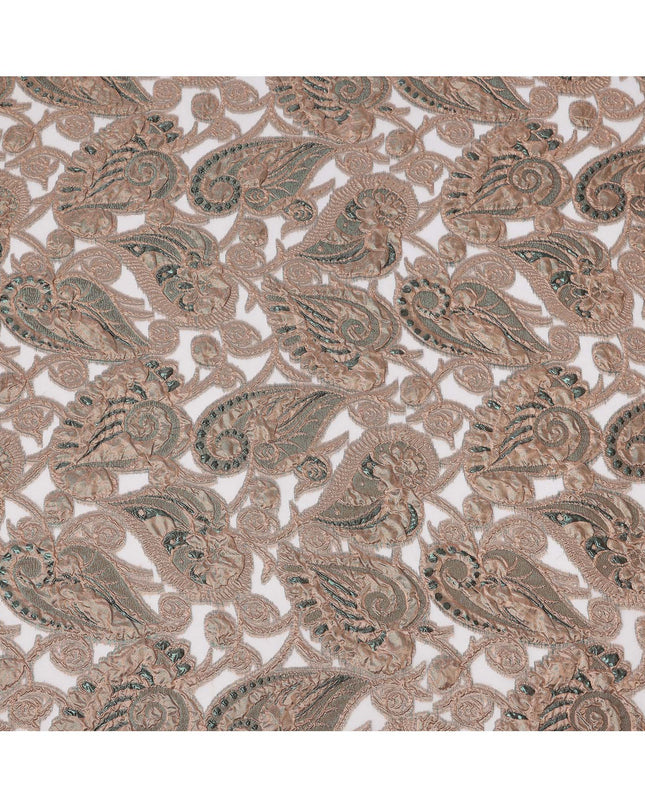 Taupe Grey synthetic Brocade Fabric with teal and bronze paisley jacquard, 140 Cms Width, Turkey-D25277