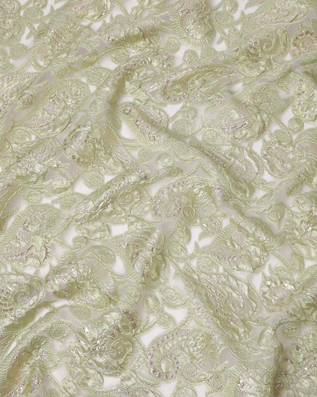 Mint Green synthetic Brocade Fabric with champagne paisley jacquard and sequin accents, 140 Cms Width, Turkey-D25282