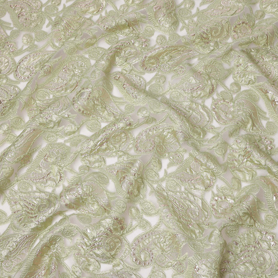 Mint Green synthetic Brocade Fabric with champagne paisley jacquard and sequin accents, 140 Cms Width, Turkey-D25282