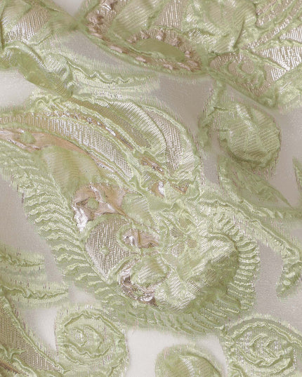 Mint Green synthetic Brocade Fabric with champagne paisley jacquard and sequin accents, 140 Cms Width, Turkey-D25282