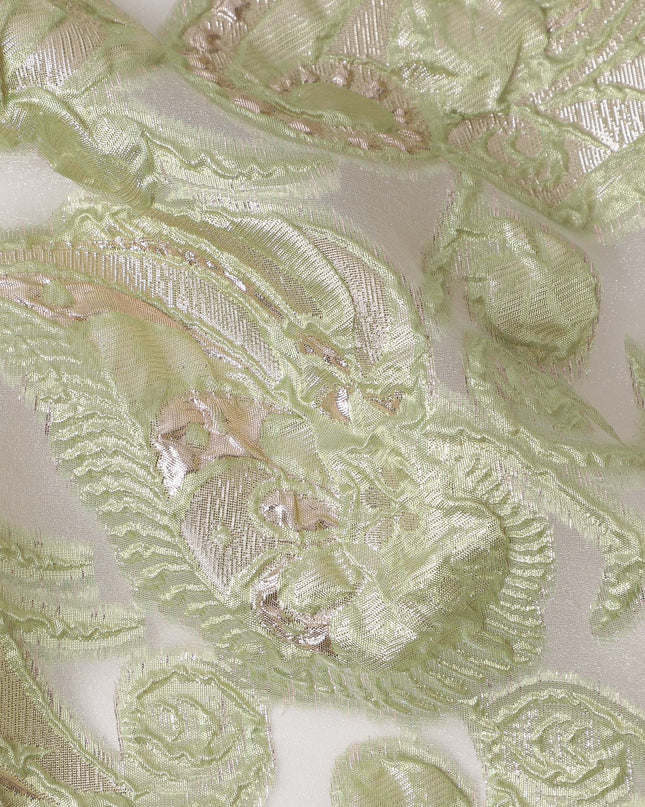 Mint Green synthetic Brocade Fabric with champagne paisley jacquard and sequin accents, 140 Cms Width, Turkey-D25282