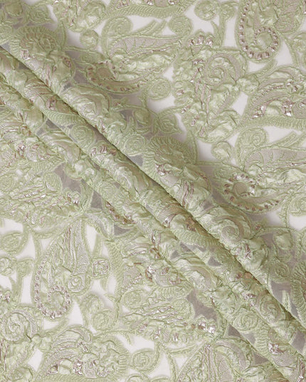 Mint Green synthetic Brocade Fabric with champagne paisley jacquard and sequin accents, 140 Cms Width, Turkey-D25282