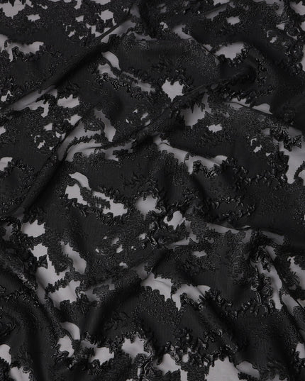 Black synthetic Brocade Fabric with tonal abstract cutwork jacquard and charcoal grey accents, 140 Cms Width, Turkey-D25280