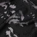 Black synthetic Brocade Fabric with tonal abstract cutwork jacquard and charcoal grey accents, 140 Cms Width, Turkey-D25280