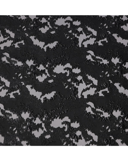 Black synthetic Brocade Fabric with tonal abstract cutwork jacquard and charcoal grey accents, 140 Cms Width, Turkey-D25280