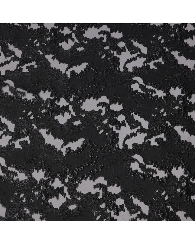 Black synthetic Brocade Fabric with tonal abstract cutwork jacquard and charcoal grey accents, 140 Cms Width, Turkey-D25280