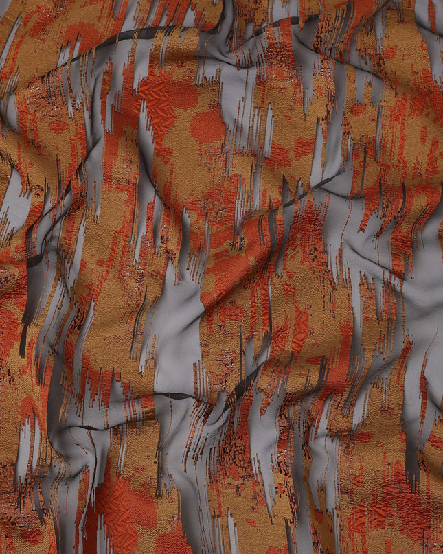 Burnt Orange synthetic Brocade Fabric with copper, black and grey jacquard, 140 Cms Width, Turkey-D25275