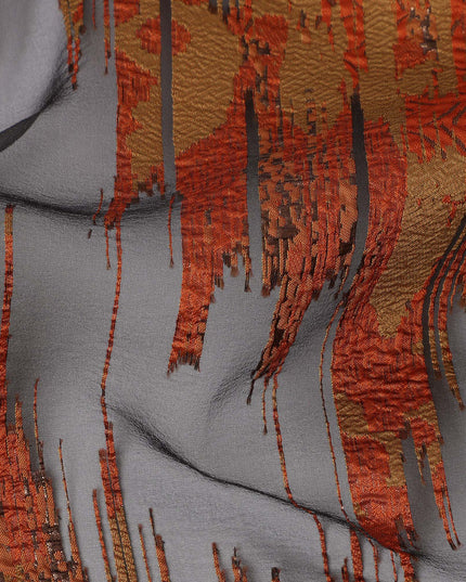 Burnt Orange synthetic Brocade Fabric with copper, black and grey jacquard, 140 Cms Width, Turkey-D25275