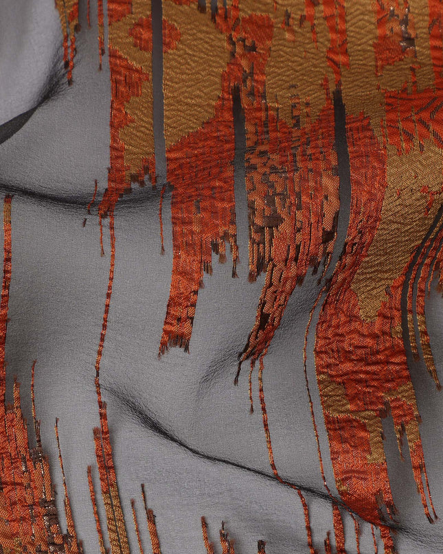 Burnt Orange synthetic Brocade Fabric with copper, black and grey jacquard, 140 Cms Width, Turkey-D25275