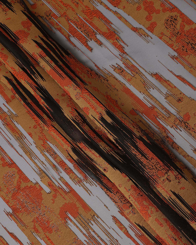 Burnt Orange synthetic Brocade Fabric with copper, black and grey jacquard, 140 Cms Width, Turkey-D25275