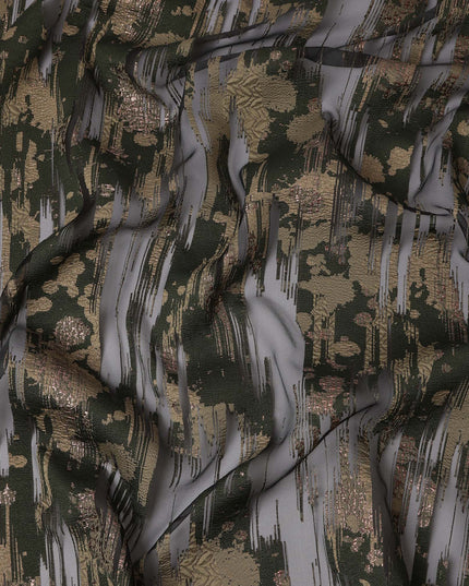 Black synthetic Brocade Fabric with gold and grey jacquard, 140 Cms Width, Turkey-D25274