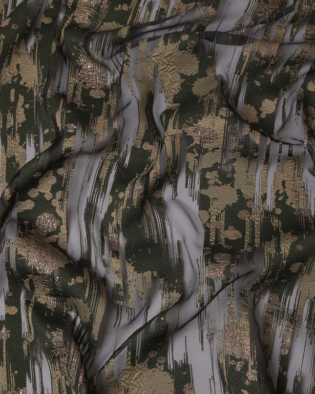 Black synthetic Brocade Fabric with gold and grey jacquard, 140 Cms Width, Turkey-D25274