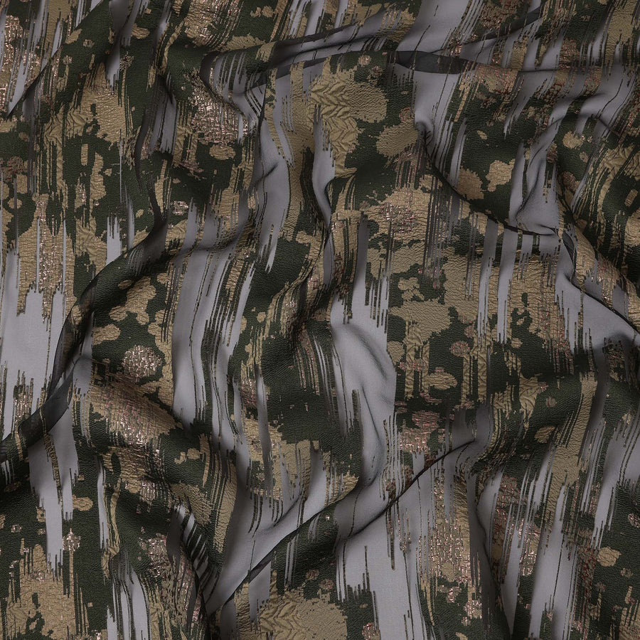 Black synthetic Brocade Fabric with gold and grey jacquard, 140 Cms Width, Turkey-D25274