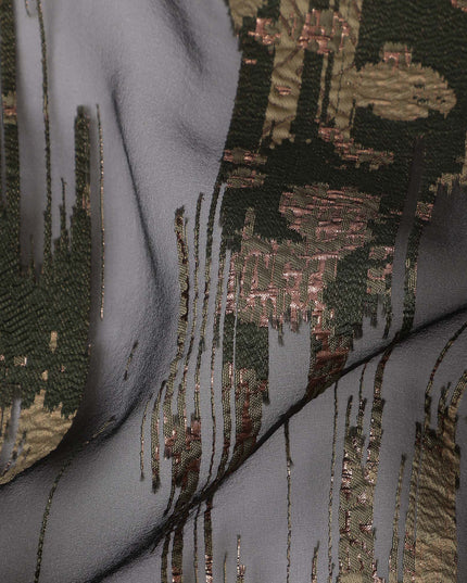 Black synthetic Brocade Fabric with gold and grey jacquard, 140 Cms Width, Turkey-D25274