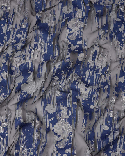 Navy Blue synthetic Brocade Fabric with silver, black and grey jacquard, 140 Cms Width, Turkey-D25276