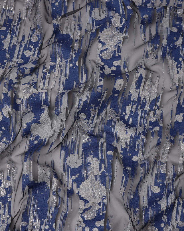 Navy Blue synthetic Brocade Fabric with silver, black and grey jacquard, 140 Cms Width, Turkey-D25276