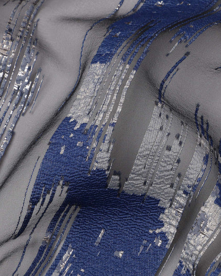 Navy Blue synthetic Brocade Fabric with silver, black and grey jacquard, 140 Cms Width, Turkey-D25276