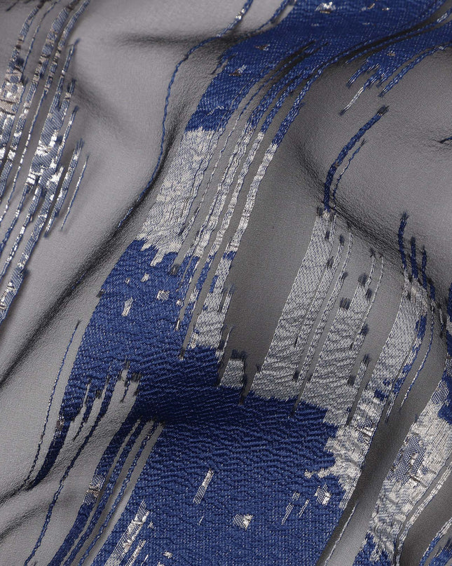 Navy Blue synthetic Brocade Fabric with silver, black and grey jacquard, 140 Cms Width, Turkey-D25276