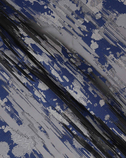 Navy Blue synthetic Brocade Fabric with silver, black and grey jacquard, 140 Cms Width, Turkey-D25276