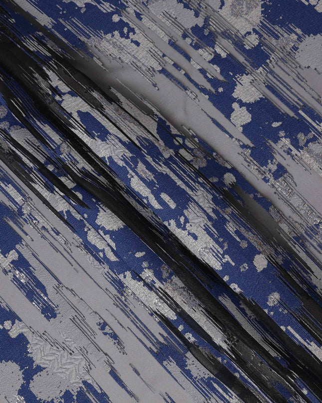 Navy Blue synthetic Brocade Fabric with silver, black and grey jacquard, 140 Cms Width, Turkey-D25276