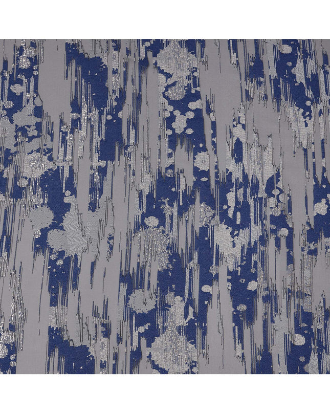 Navy Blue synthetic Brocade Fabric with silver, black and grey jacquard, 140 Cms Width, Turkey-D25276