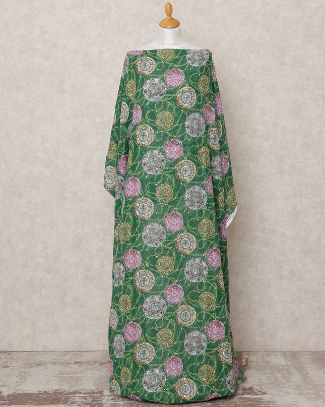 Emerald Green Embroidered Motif Somali Cotton Voile Dirac Fabric, 3.5 Mtrs, Width 140 Cms, Made in India-D24510 - Regal Fabrics