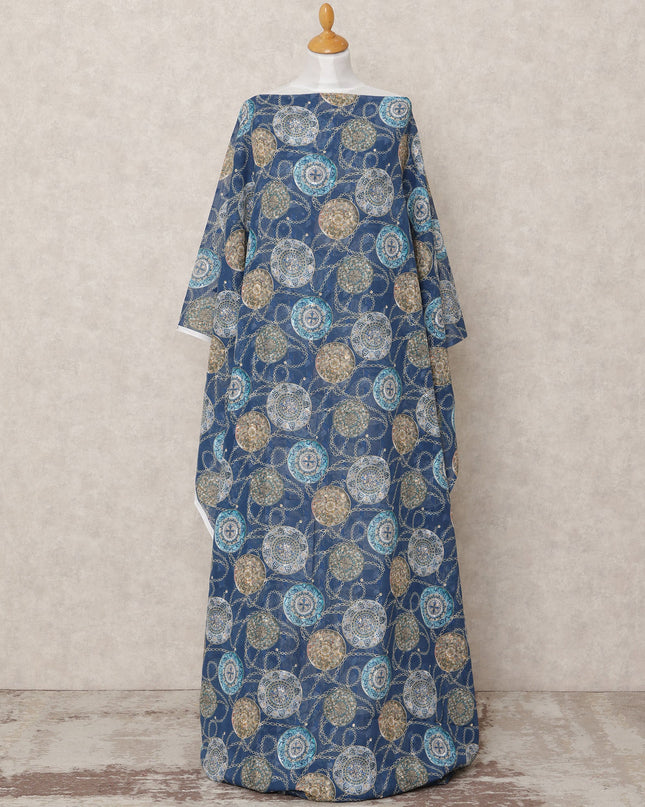 Navy Blue Embroidered Motif Somali Cotton Voile Dirac Fabric, 3.5 Mtrs, Width 140 Cms, Made in India-D24508
