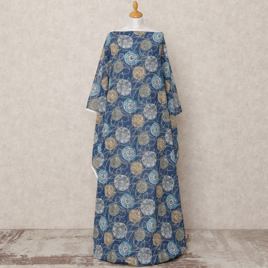 Navy Blue Embroidered Motif Somali Cotton Voile Dirac Fabric, 3.5 Mtrs, Width 140 Cms, Made in India-D24508