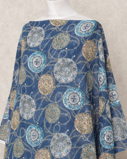 Navy Blue Embroidered Motif Somali Cotton Voile Dirac Fabric, 3.5 Mtrs, Width 140 Cms, Made in India-D24508