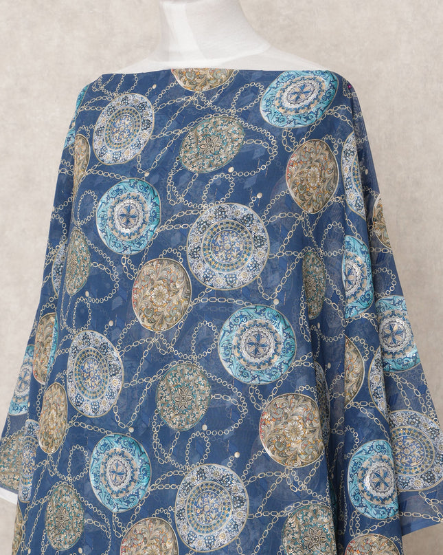 Navy Blue Embroidered Motif Somali Cotton Voile Dirac Fabric, 3.5 Mtrs, Width 140 Cms, Made in India-D24508