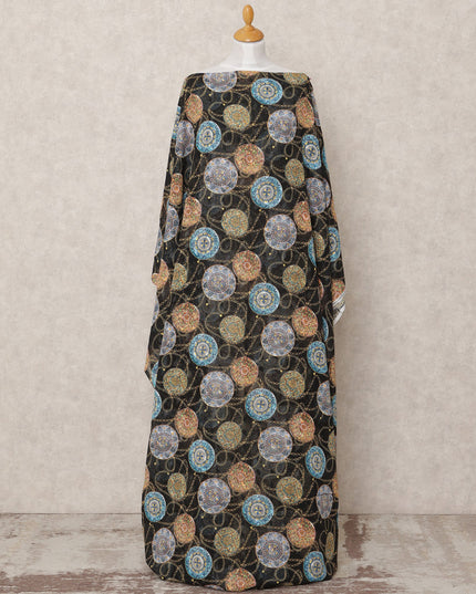 Black Embroidered Motif Somali Cotton Voile Dirac Fabric, 3.5 Mtrs, Width 140 Cms, Made in India-D24509