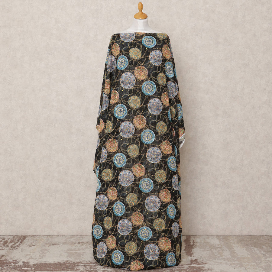 Black Embroidered Motif Somali Cotton Voile Dirac Fabric, 3.5 Mtrs, Width 140 Cms, Made in India-D24509