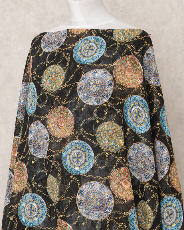 Black Embroidered Motif Somali Cotton Voile Dirac Fabric, 3.5 Mtrs, Width 140 Cms, Made in India-D24509