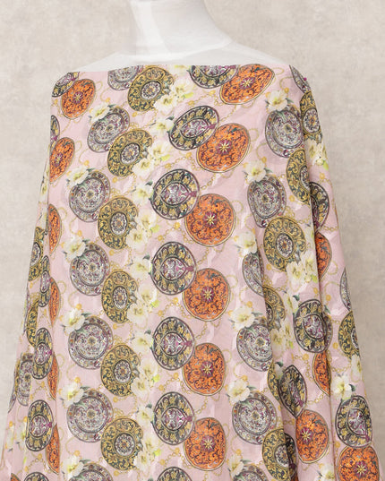 Blush Pink Embroidered Motif Somali Cotton Voile Dirac Fabric, 3.5 Mtrs, Width 140 Cms, Made in India-D24507