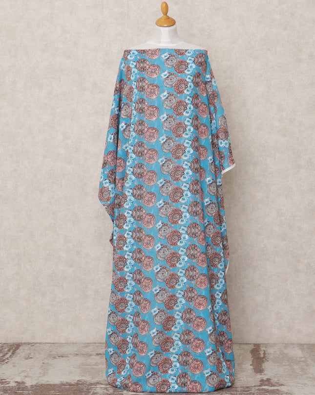 Turquoise Blue Motif Printed Somali Cotton Voile Dirac Fabric, 3.5 Mtrs, Width 140 Cms, Made in India-D24506