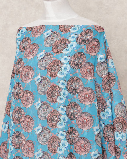 Turquoise Blue Motif Printed Somali Cotton Voile Dirac Fabric, 3.5 Mtrs, Width 140 Cms, Made in India-D24506