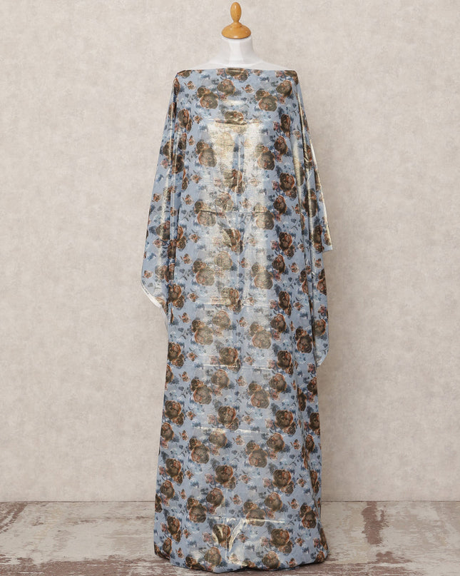 Sky Blue Rose Printed Somali Cotton Voile Dirac Fabric, 3.5 Mtrs, Width 140 Cms, Made in India-D24503