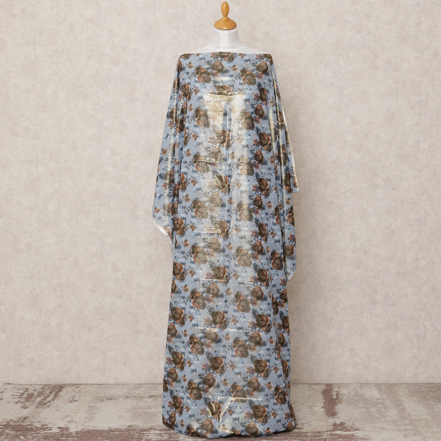 Sky Blue Rose Printed Somali Cotton Voile Dirac Fabric, 3.5 Mtrs, Width 140 Cms, Made in India-D24503