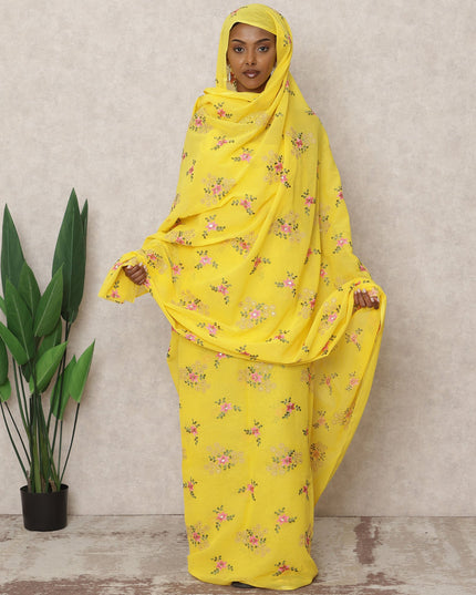 Bright Yellow Traditional Sudanese Thobe with Multicolor Floral Voile Embroidery, 4.5 Mtrs Piece, Pure Cotton Fabric, Width 140 Cms, Made in India-D24463